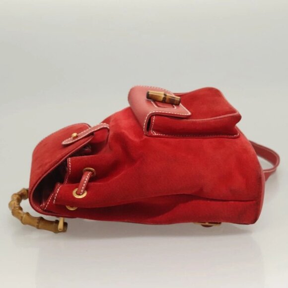 GUCCI Bamboo Backpack Suede Leather Red Gold 003 2058 0030 Auth 129917 - Picture 6 of 16